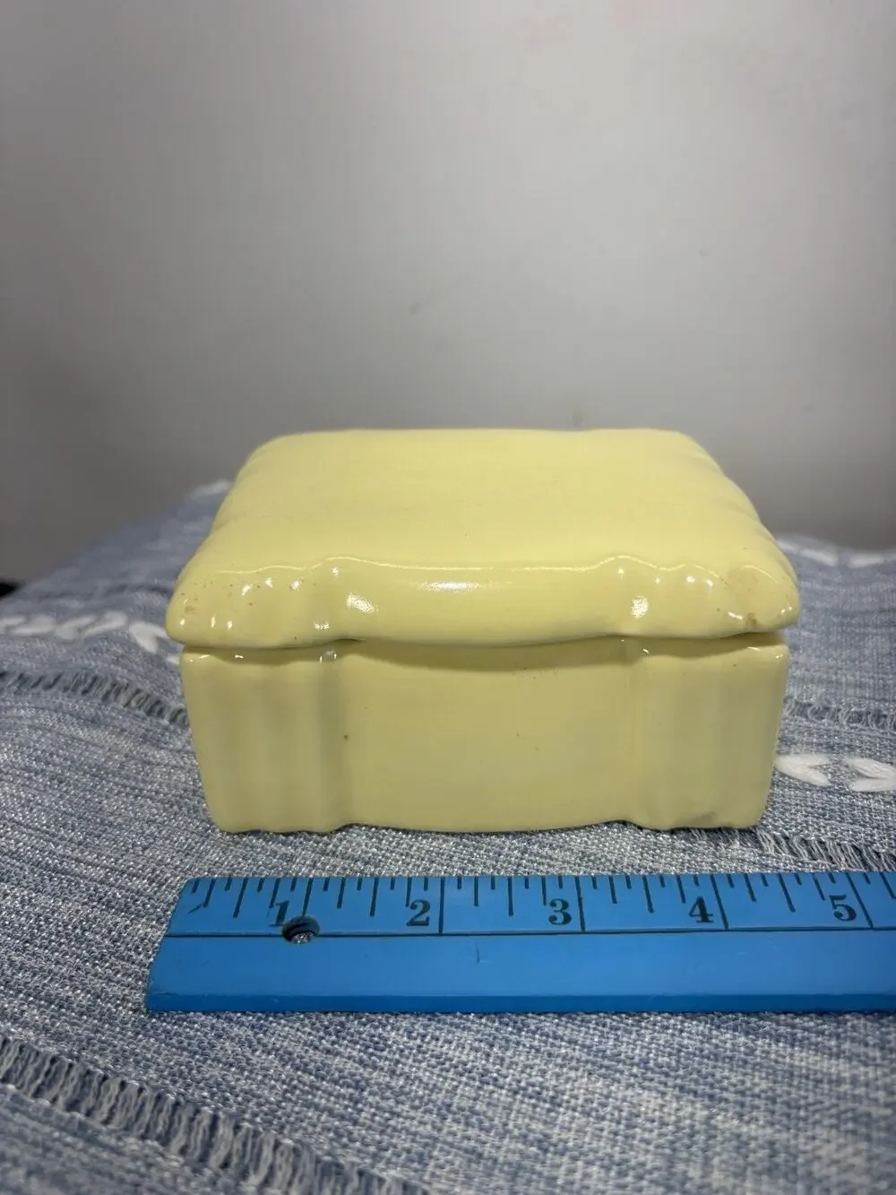 Vintage Yellow Ceramic Pillow Trinket Box Lidded Jewelry Box Retro Decor